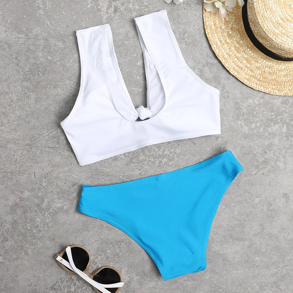 Summer Bikini Set Women Swimsuit White Tank Top Low Rise Blue Panties Trajes De Baño Beach Swimming Bathing Suit Sexy Swimwear