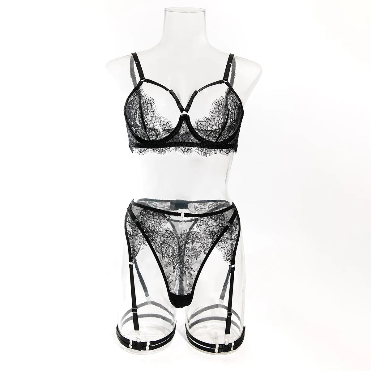 Sexy Lingerie Seduction Set Sexy French Eyelash Lace Hollow Bra Garter Belt Four Piece Bodysuit Sets Charming Beautiful EM6S