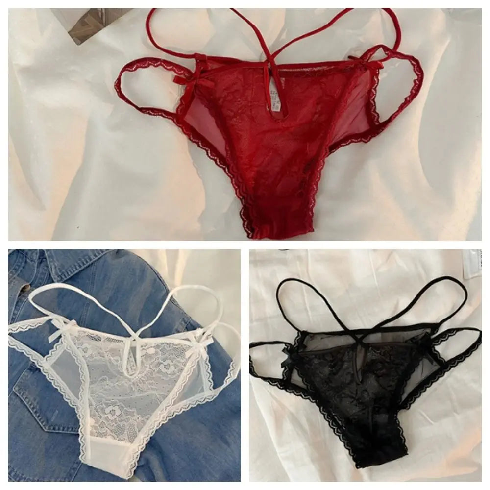 Lingerie Bow Lace Flower Panties Low Waist Hollow French Style Briefs Transparent Thin Strap Women Underwear Girl