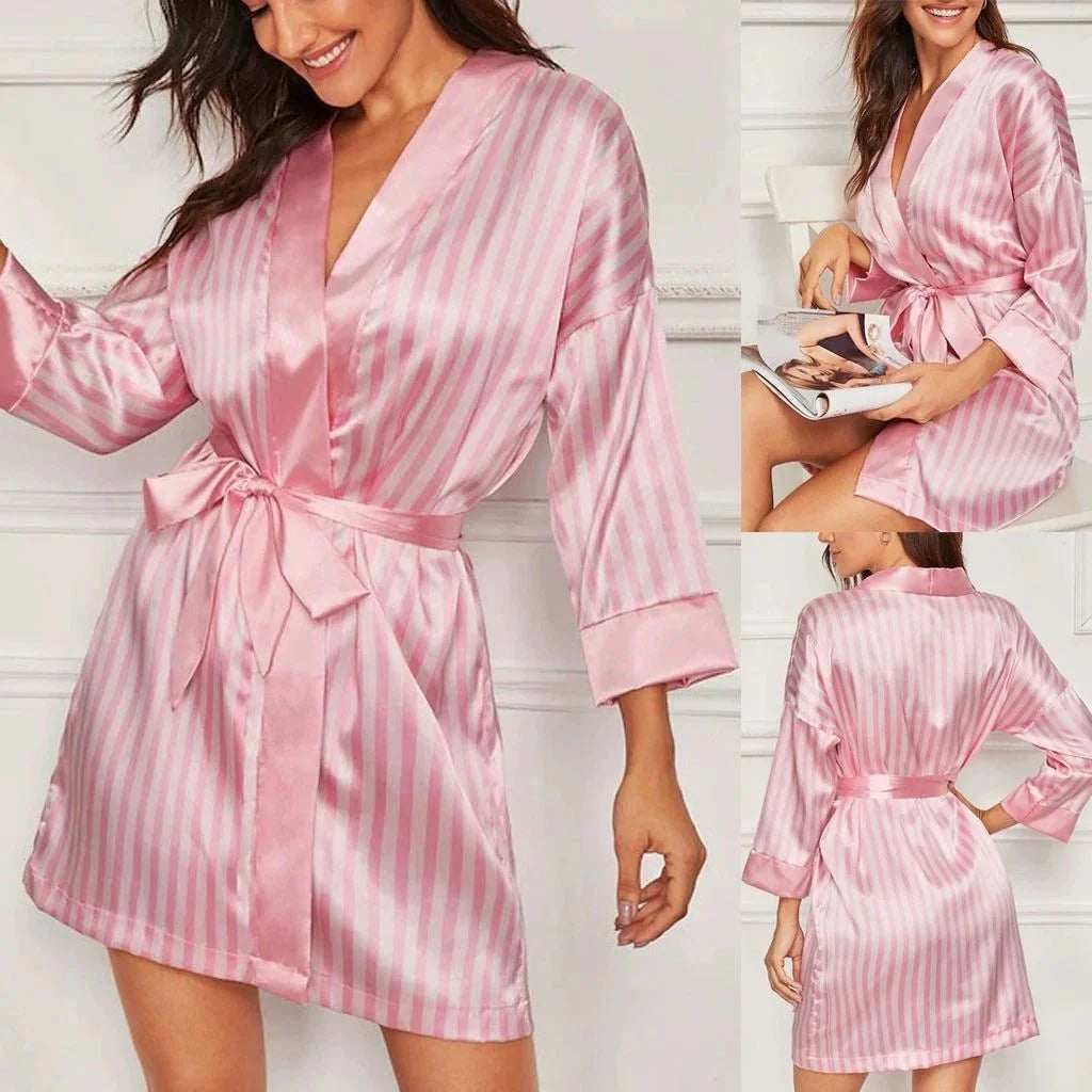 Women's Sexy Lingerie Robe Pink Striped Satin Short Nightwear Bathrobe Sleepwear Homewear Bridesmaid For Ladies Pajama party