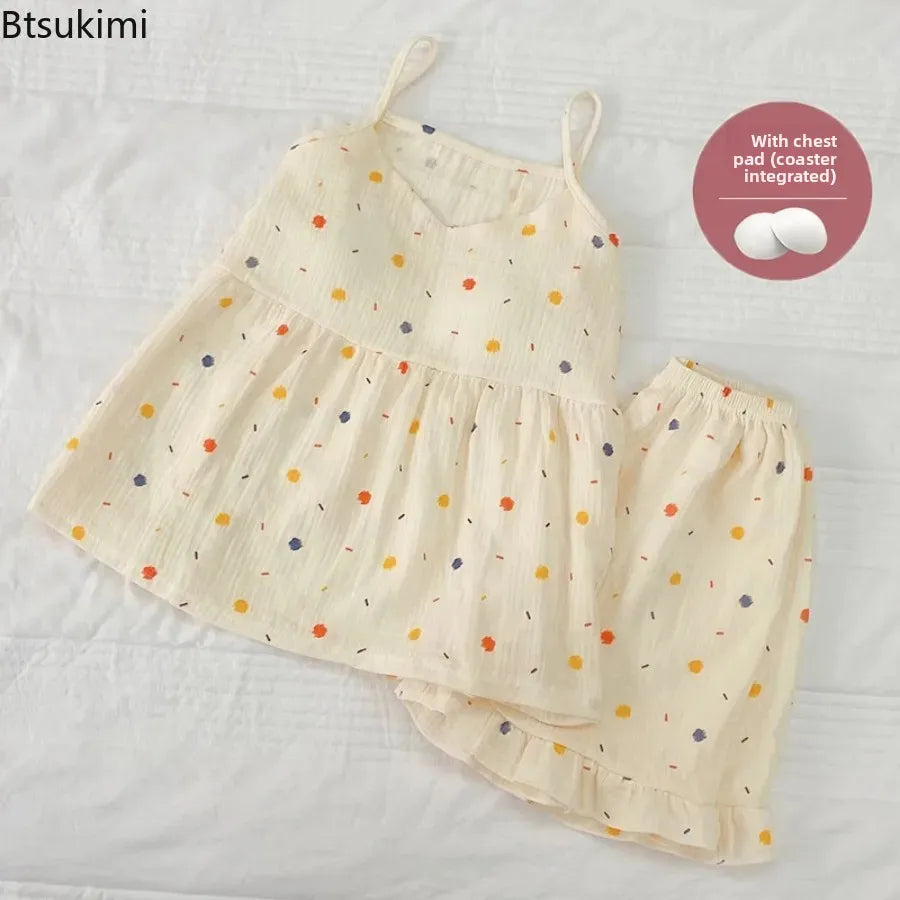2026Women's Summer Cotton Sleepwear Sets Girl's Camisole Vest with Chest Cushion Shorts Cute Floral Two-piece Home Suit Set 2PCS
