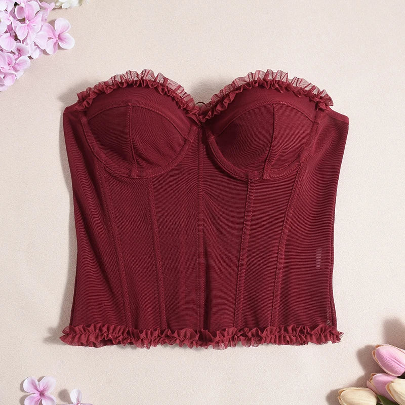 Women Sheer Lingerie Streetwear Lace-up Bustier Corset Tops Slim Backless y2k Tank Top Strapless Striped Sheath Sexy Camisole