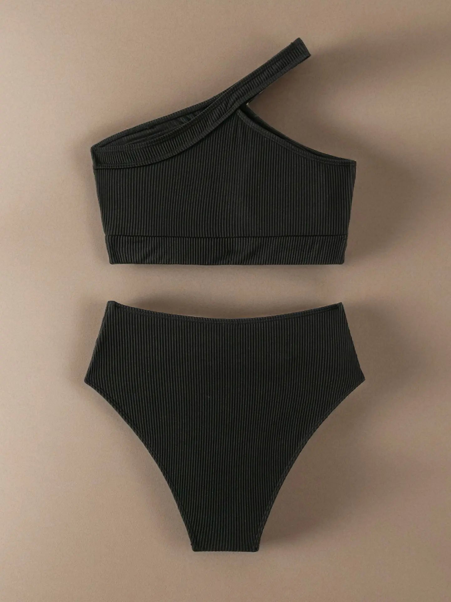Ribbed Knit One Shoulder Bikini Asymmetrical Strap Crop Top V‑Shaped High Waisted Bottom Two‑Piece Swimsuit Women Tummy Control