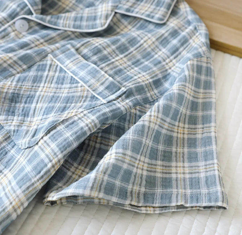 Men's 2-Piece Pajama Set - Japanese Plaid Sleepwear, Cotton Gauze Short Sleeve & Shorts, Lightweight & Breathable Relaxed Fit, S