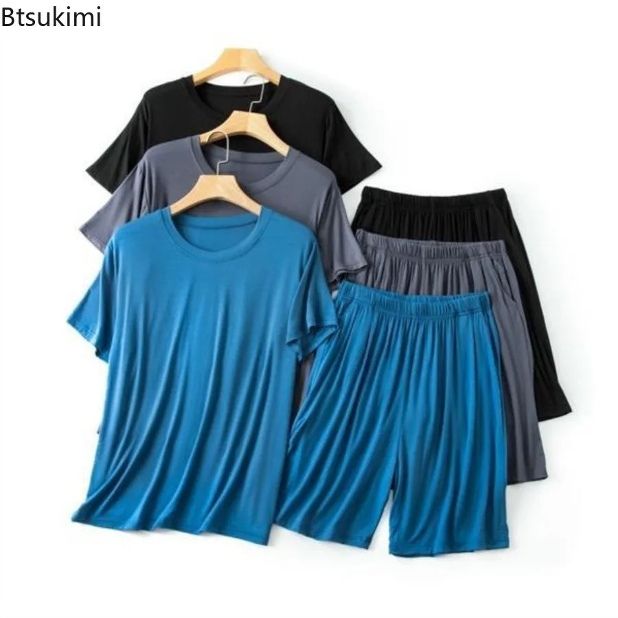 Modal Pajama Set Men's Round Neck Pajama Set for Summer Casual Wear Solid Color Loose Short Sleeved Shorts Two-piece Set Male