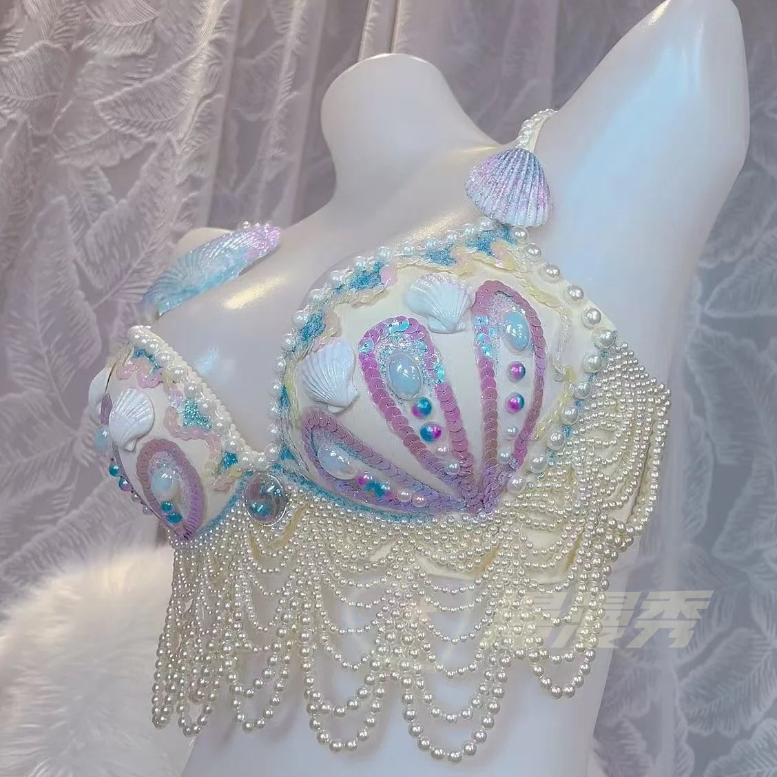customized sparkling iridescent sequin shell bra pearl chain tassel pool party bra beach vacation pearl jacket belly dance bras