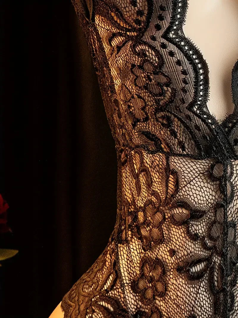 Sexy Lingerie For Women Deep V Crotchless Babydoll Dress Lace Bow Knot Open Bra Bodysuit Erotic Costumes Female Porno Underwear