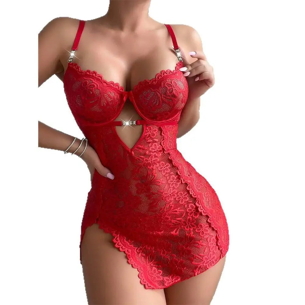 Summer Sexy Lingerie Suit Embroidered Lace Bodysuit Sheer Nightgown Thong Uniform Temptation Nightwear Wireless Babydoll Pajamas