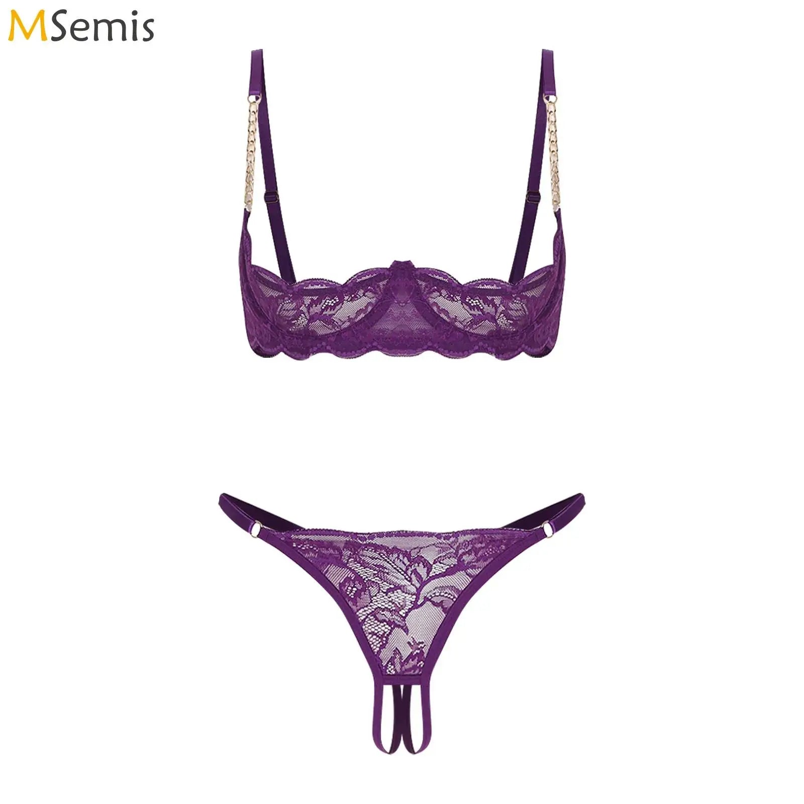 Womens Lingerie Floral Lace Bra Brassiere Underwear Set 1/4 Cup Underwire Push-up Bare Exposed Open Nipples Bralette Balconette