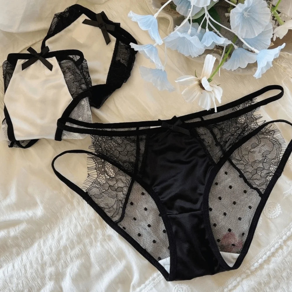 Lingerie Low Waist Underwear for Women Bow Transparent Sweet Lace Panties Hollow Mesh Satin Silk Briefs Girl