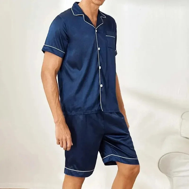 Plus Size Men's Pajama Set Faux Silk Lapel Cardigan Student Homewear Simple Short Sleeve Shorts Set Premium Feeling Solid Colour