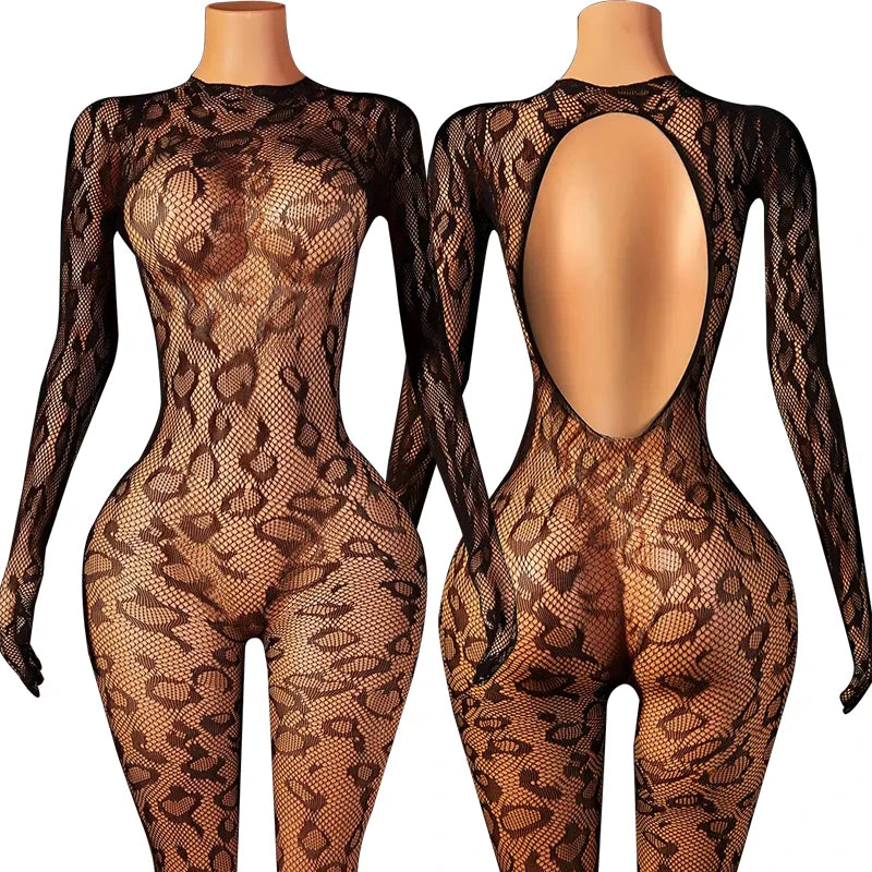 Erotic Open Buttocks Lingerie Women Fishnet Hollow Babydoll Dress Black Lace Bodystockings Sexy Halter Neck Baby Dolls Stockings