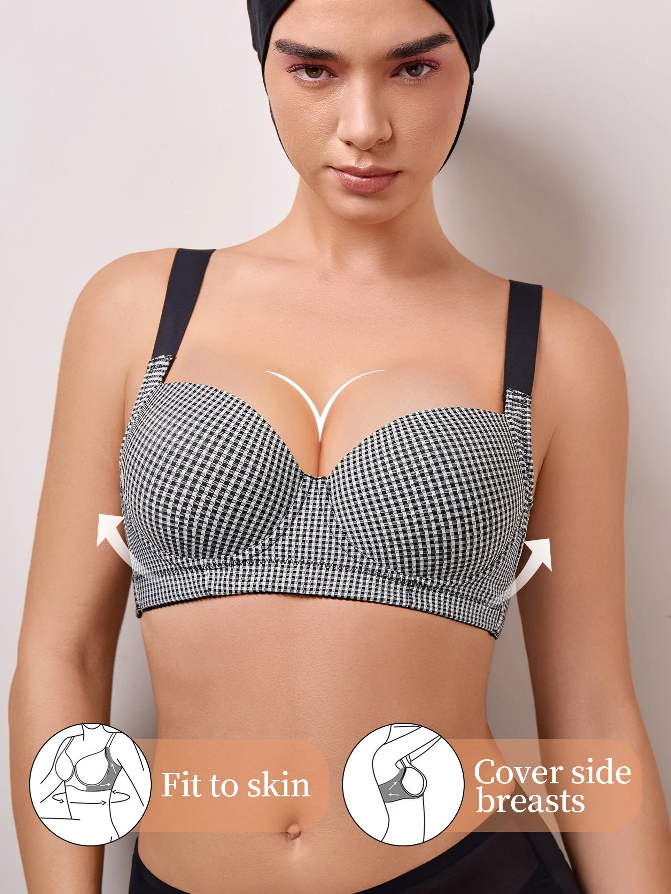 Grid-patterned Bra with uplifting support to prevent sagging, adjustable for a custom fit, comfortable against the skin,