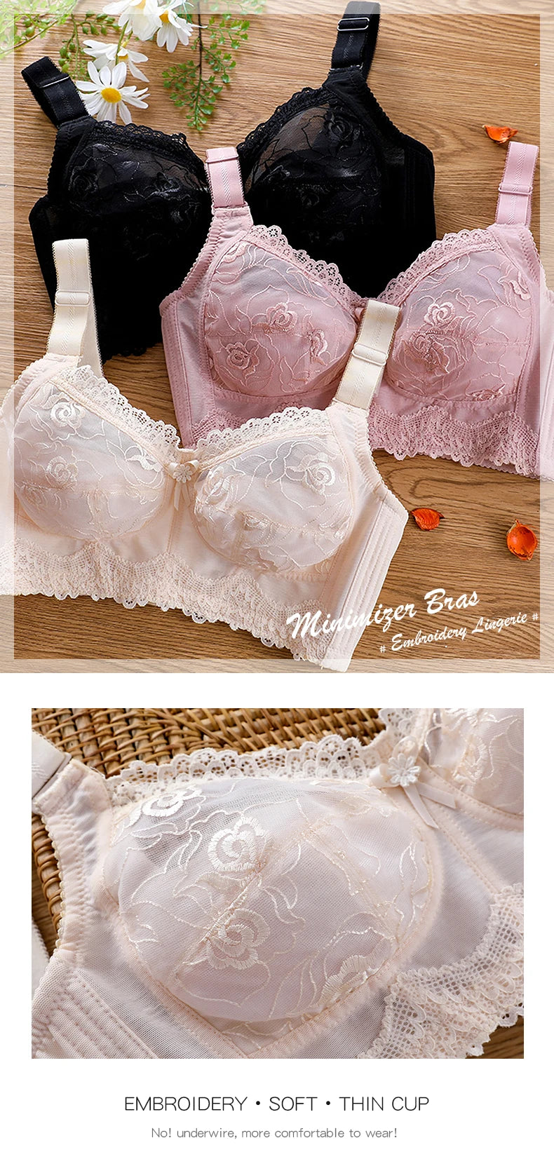 Embroidery Lace Wireless Bras for Women Sexy Lingeire Minimizer Ultra Thin Romantic Ladies Underwear B C D E Cup Soutien Gorge