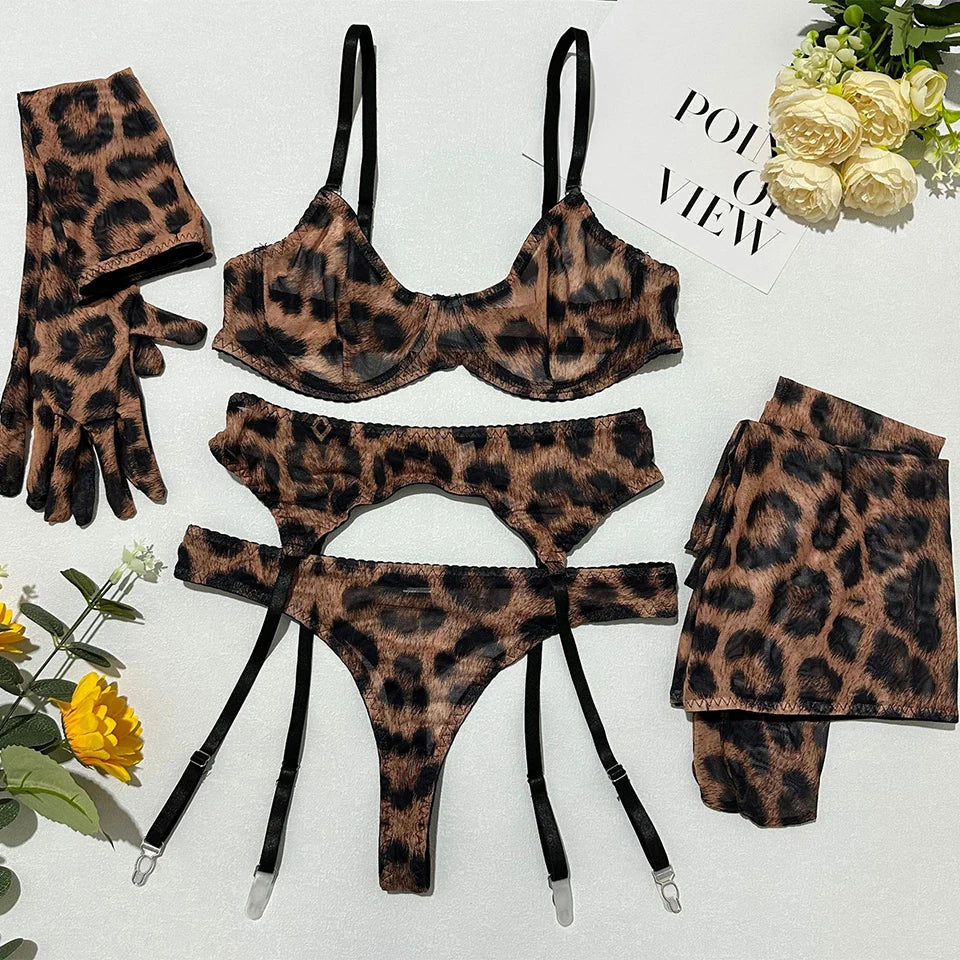 5Pcs Leopard Lingerie Set With Garter Belt Stockings Gloves Mesh Bra and Panty Set Strappy Underwear Erotic Costume For Women