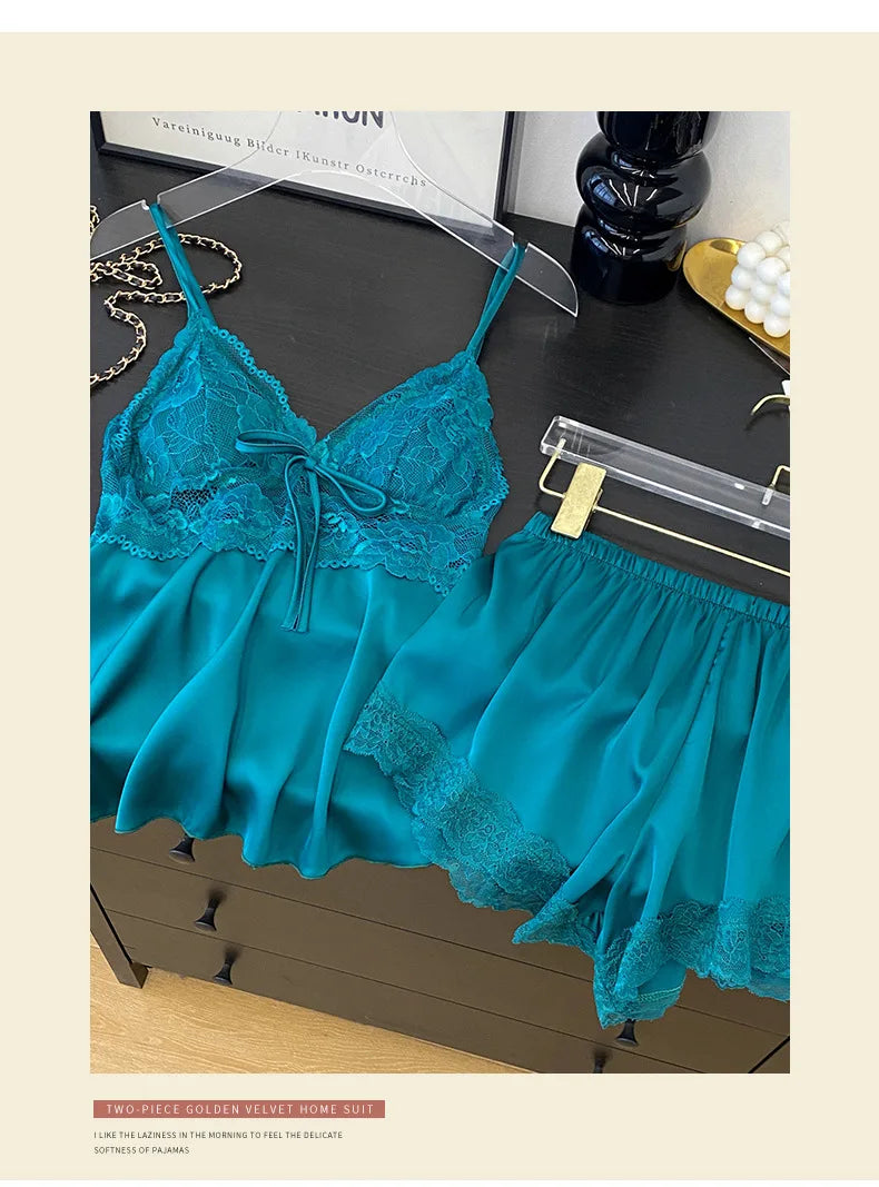 Sexy Intimate Lingerie Pajamas Set Hollow Out Lace Cami Shorts Pijamas Suit Spring Summer New Sleepwear Home Clothes Loungewear