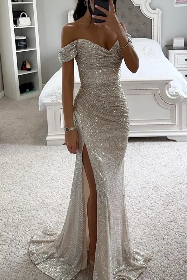 Sequin Long Dresses Women Sexy Off Shoulder Evening Dress Ladies Elegant Fashion Slash Neck Prom Female High Split Gown Vestidos