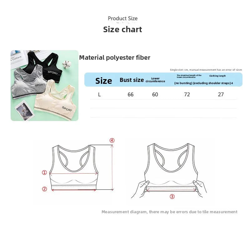 Adolescent Girl Sports Bra Breathable Lightweight Sponge Pad Wide Shoulder Strap Vest Solid Color Simple and Comfortable Bra