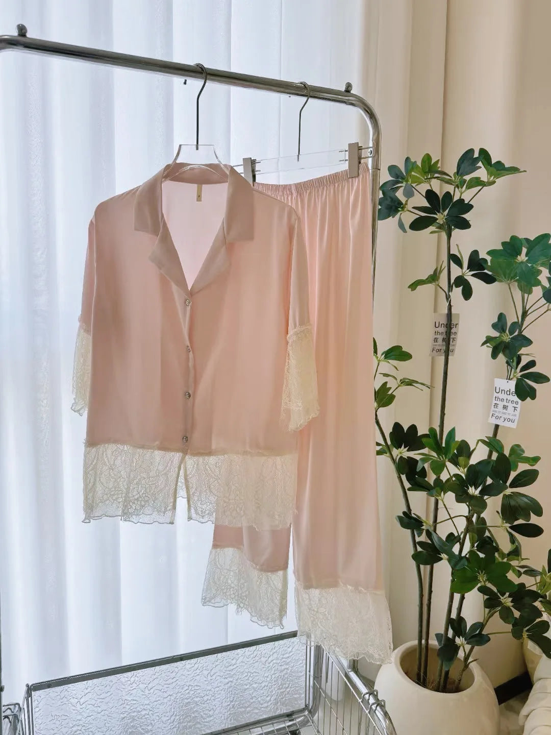 Female Pajamas 2PCS Set Lounge Wear Big Lace Trim Short Sleeve Shirt Trouser Pijamas Suit Sleepwear Pyjama Loose Homewear