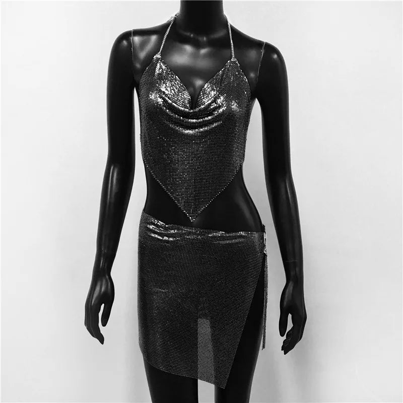 Sexy Metal Sequins 2 Piece Set Women Sleeveless Deep V Neck Backless Halter Tank Tops Split Mini Skirts Beach Party Outfits