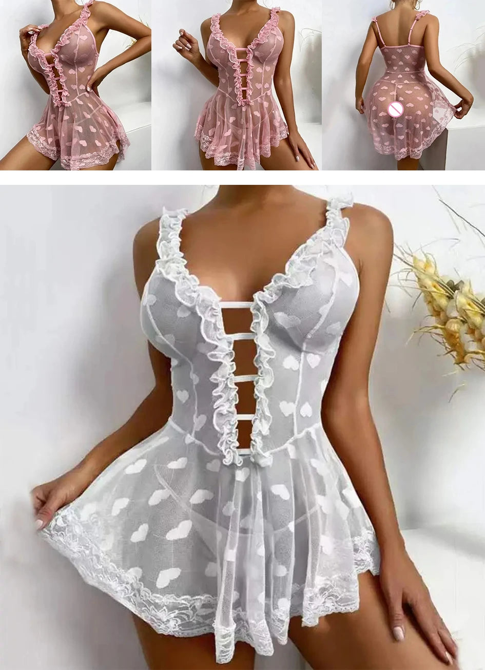 Romantic Lace Sexy Lingerie Babydoll Nightgown for Women with Ruffles Hollow Open Bra Design Love Sex Theme Seductive Erotic Cos