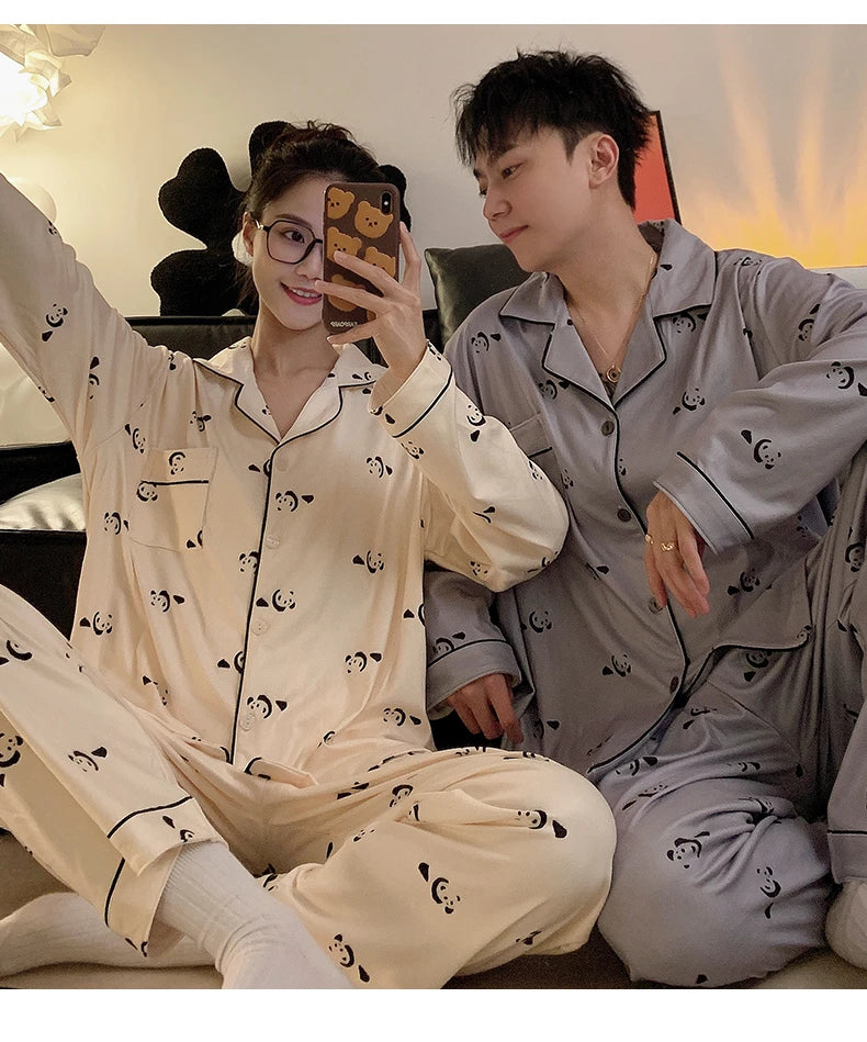 Pajamas Women Pajama Man Set Cotton Plus Size Spring Autumn Long-sleeved Korean Cardigan Casual V-neck Nightwear Couple Pyjamas