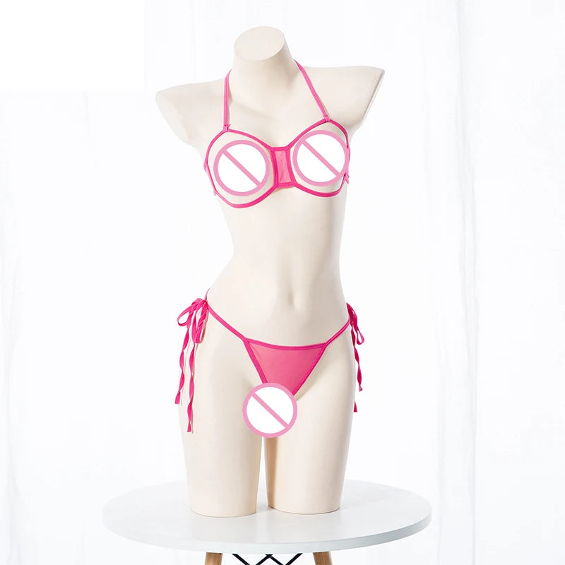 Sexy Lingerie 2 Piece Halter Neck Women's Underwear Set Mini Open Micro Bra Top Briefs Panties