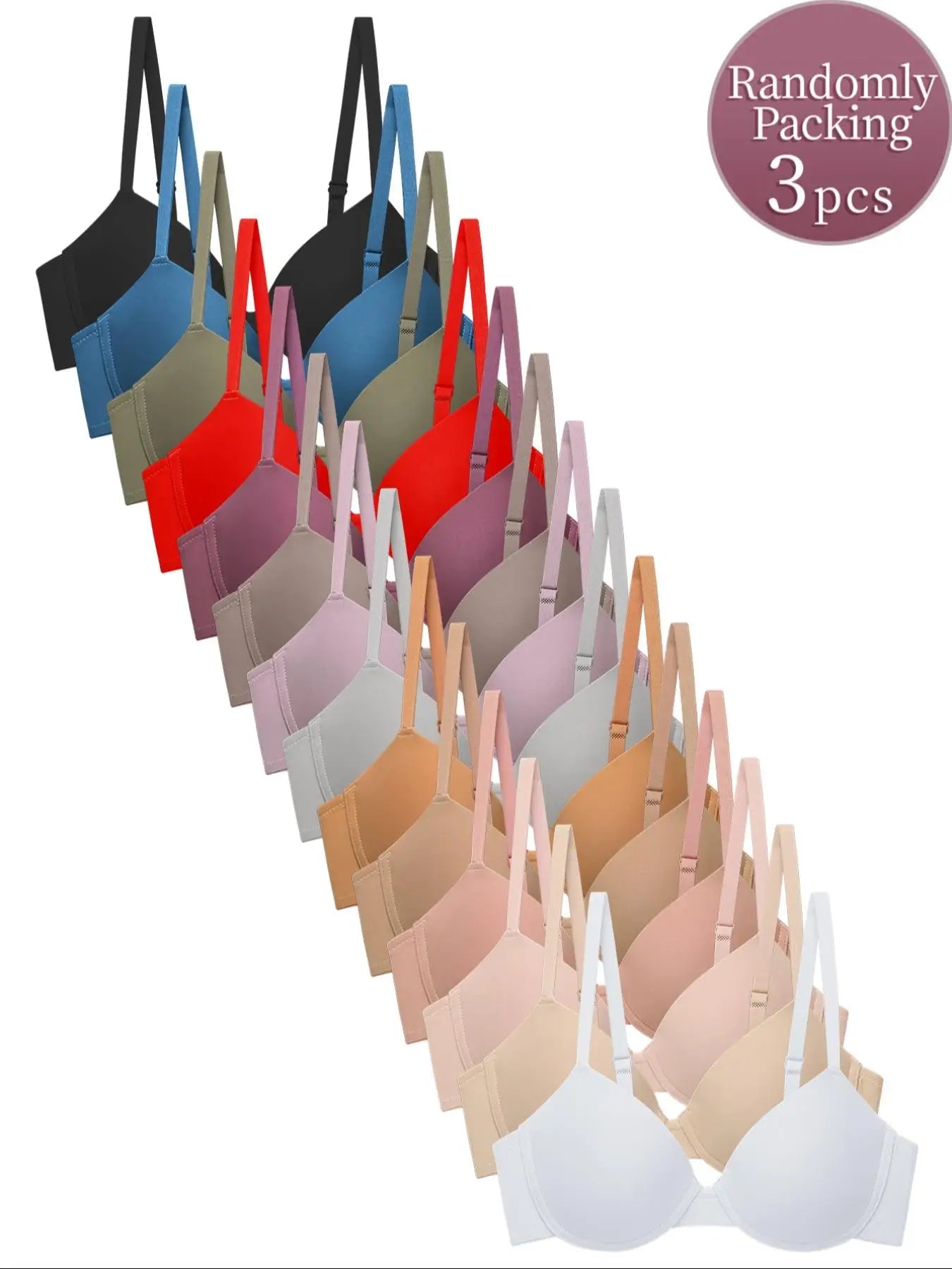 Women’s Simple Push-Up Bra Set Random 3-Pack Adjustable Straps Back Closure Soft Breathable Thin Lined Bra for Summer Beach Wear