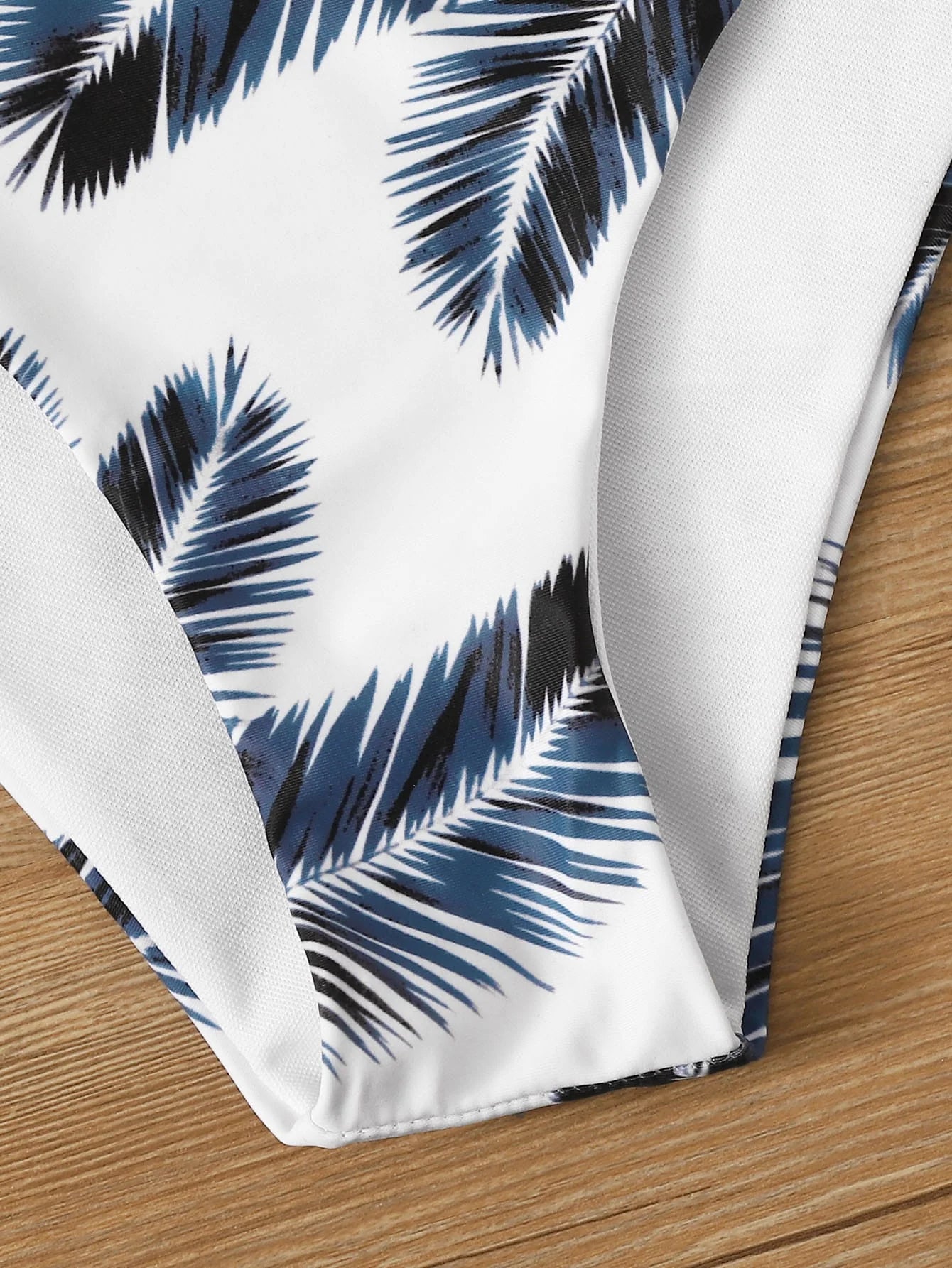 Women's Wrap V Neck Bikini Set - Solid Top & Tropical Palm Print Bottom, Spaghetti Straps High Cut Two Piece Swimsuit for Beach