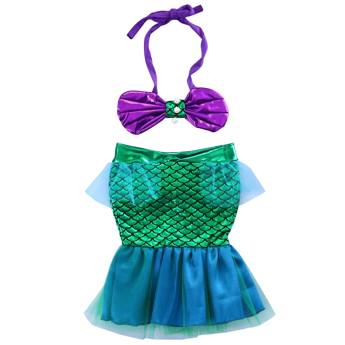 Baby Girls Two-piece Mermaid Swimsuit Hanging Neck Shell Pearl Halter Bikini Tops Tulle Patchwork Mermaid Tail 2Pcs Swimwear