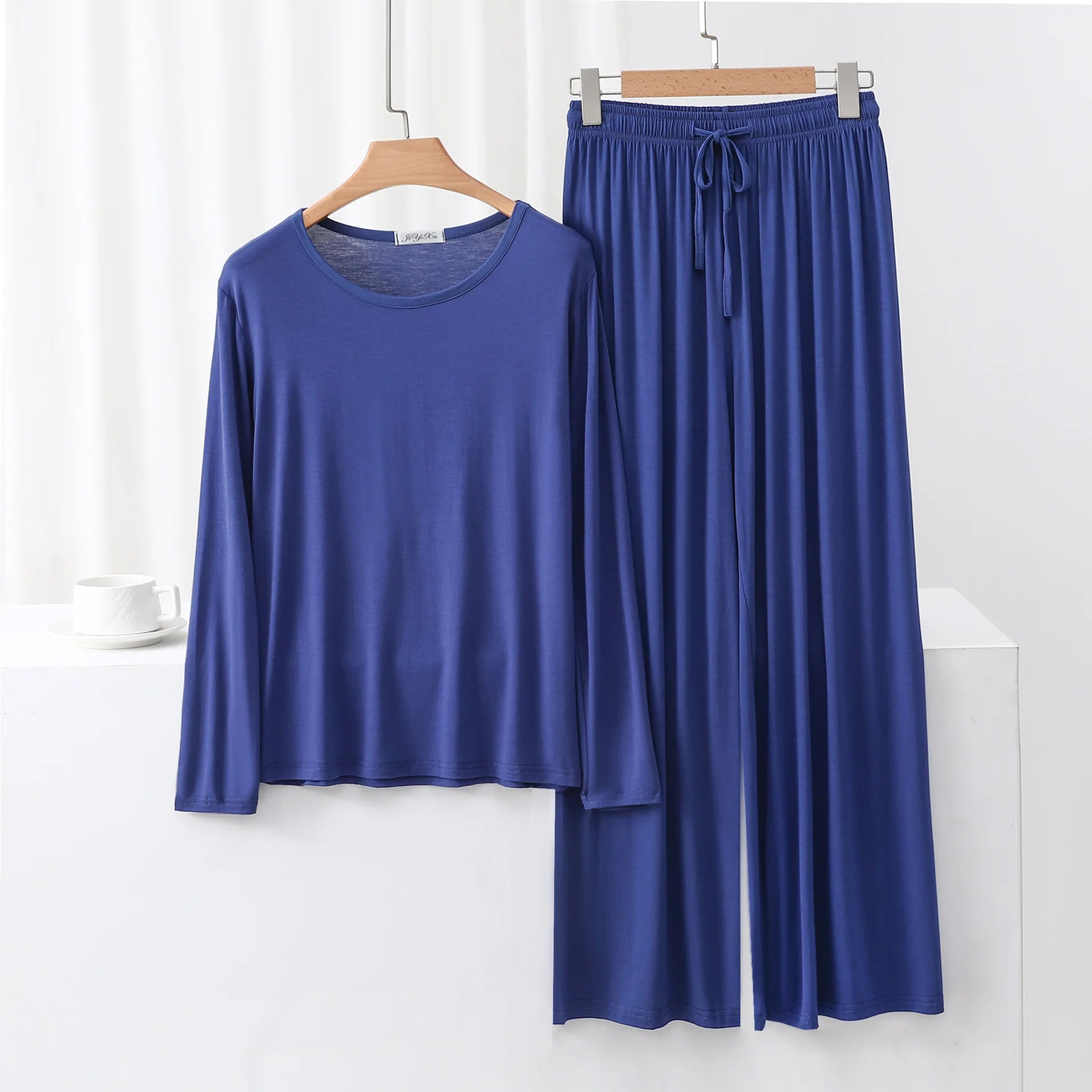 Modal Pajama Sets 2 Piece O-Neck Long sleeved Tshirt and Wide Leg Pant Ankle Length Loose sleepwear set Comfort homewear suits