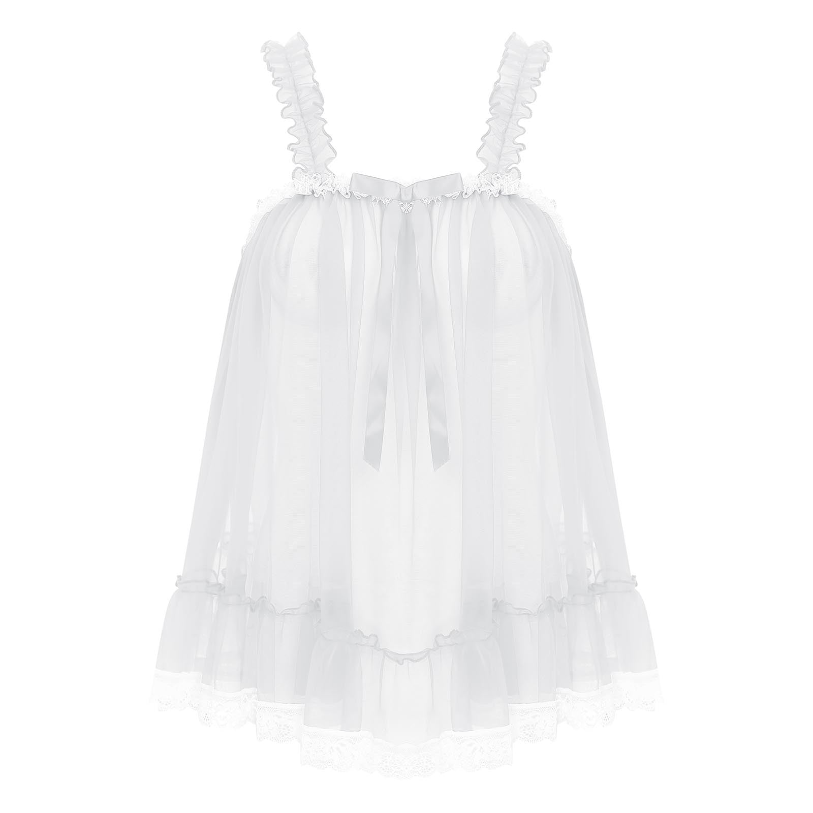 Womens Sexy See-Through Babydolls Sheer Mesh Top Ruffle Straps Bow Lace Trim Camisole Tops Lingerie Tempting Nightwear Clubwear