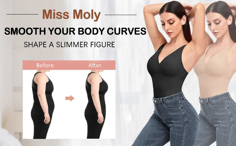 Shapewear Bodysuit Thong Body Shaper for Women Waist Trainer Corset Deep V Neck Slimming Underwear Built-in Bra Camisoles Tops