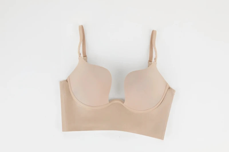 Womens Low Back Bra Wire Lifting Deep U Shaped Plunge Backless Bra with Multiway Convertible Clear Straps Body Shaper Lingeres