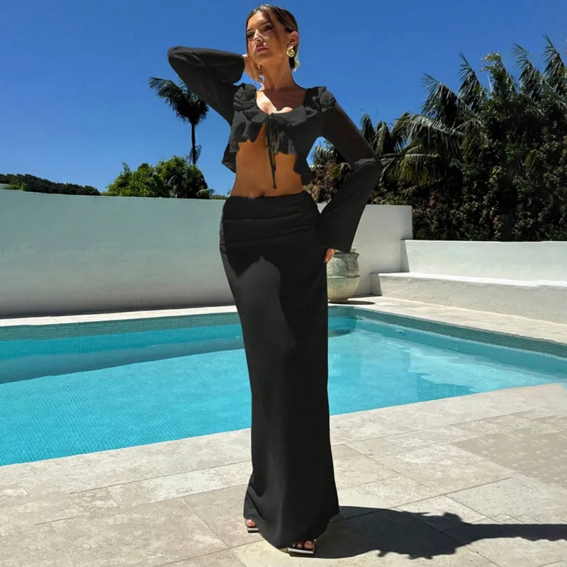 Swimwear Skirt Cover-up 2 Piece Set Women Crop Tops And Long Skirt Bathing Suit Fashion Solid Hollow Sexy Beach Cover Up Outfits