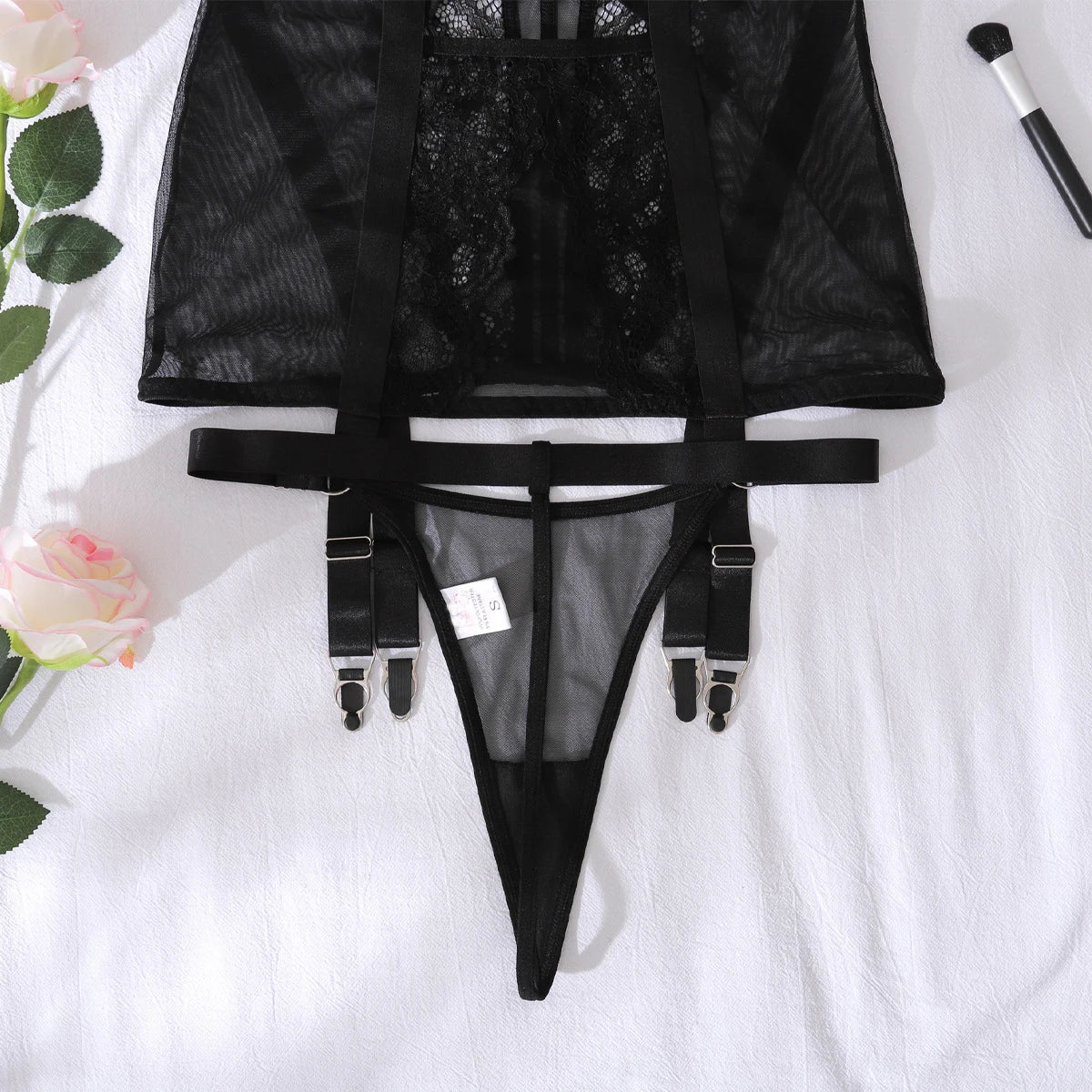 Ellolace Willowy Women's Lingerie Sets Tempted Corset Dress Thong 2PC Stiff See Through Lace Mini Body Premium Women's Underwear