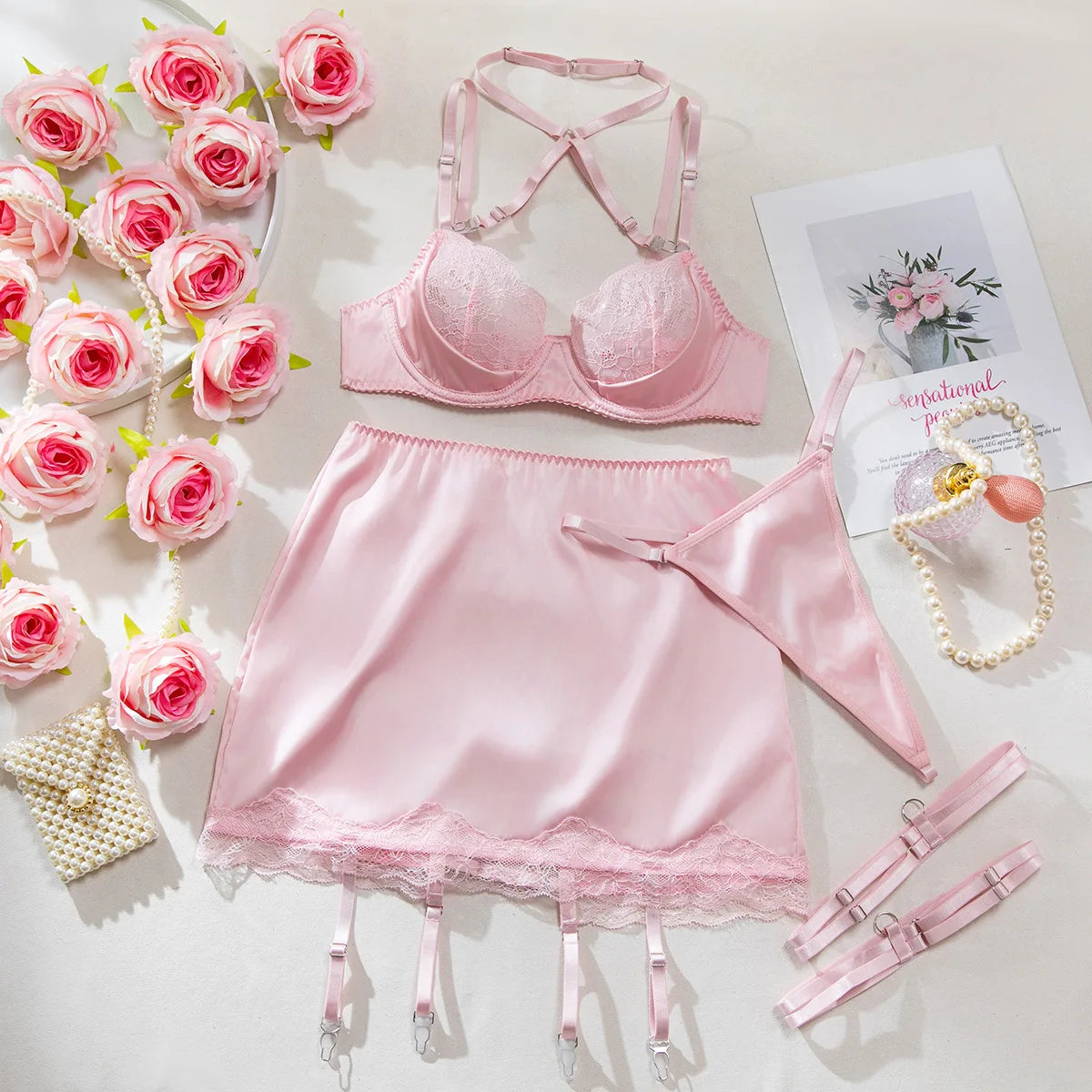4 Pieces Sexy Lingerie Sets Women Hot Halter Lace Bra and Panty Garters Mini Skirt Set Sissy Erotic Costumes Romantic Underwear