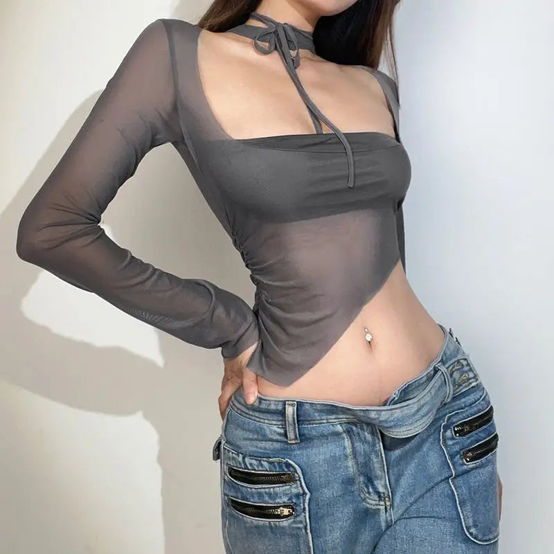 Sexy Spice Girl T-shirt with Irregular Long Sleeves and Short Waist-exposed Tops 2025 Spring and Autumn Fashion Women's Wear