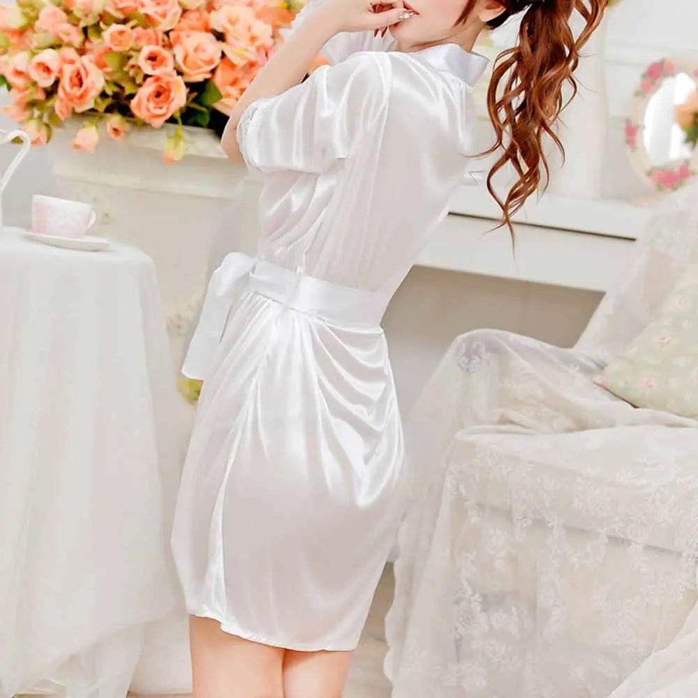 Women Sexy Satin Lace Underwear Lingerie Nightdress Robe Sleepwear