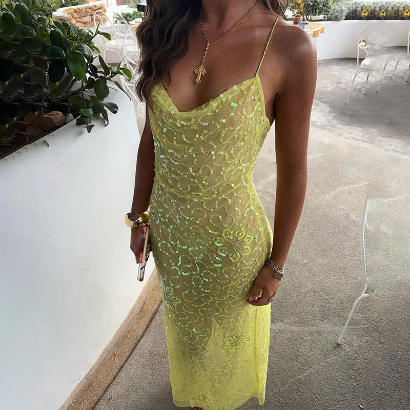 Sexy Fit Pure Sequins See-through Beach Dress Fashion Halter Sleeveless Hollow Out Robes Lady Simple Hollow Out Party Maxi Dress