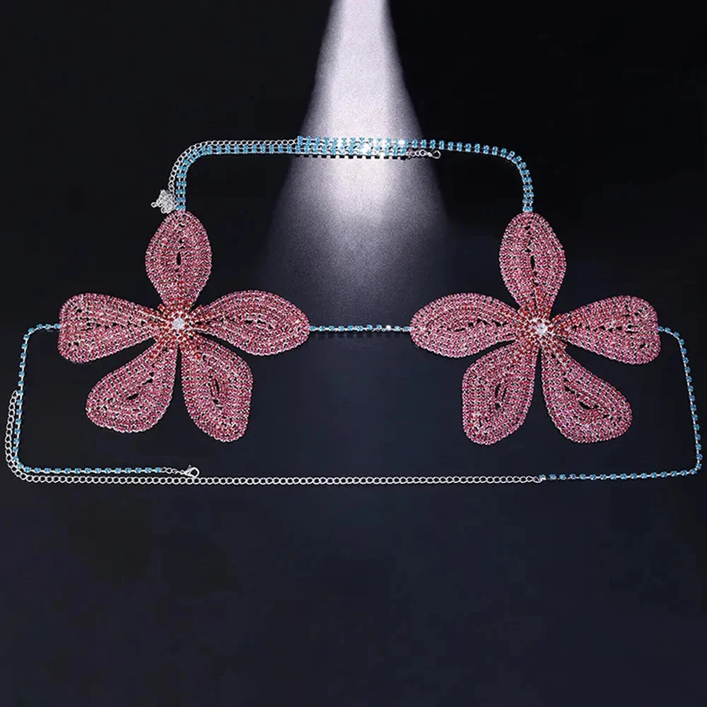 2024 Festival Pink Flower Bra Chain Harness Chest Accessories Rave Bikini Tops Large Crystal Body Chain Lingerie for Women