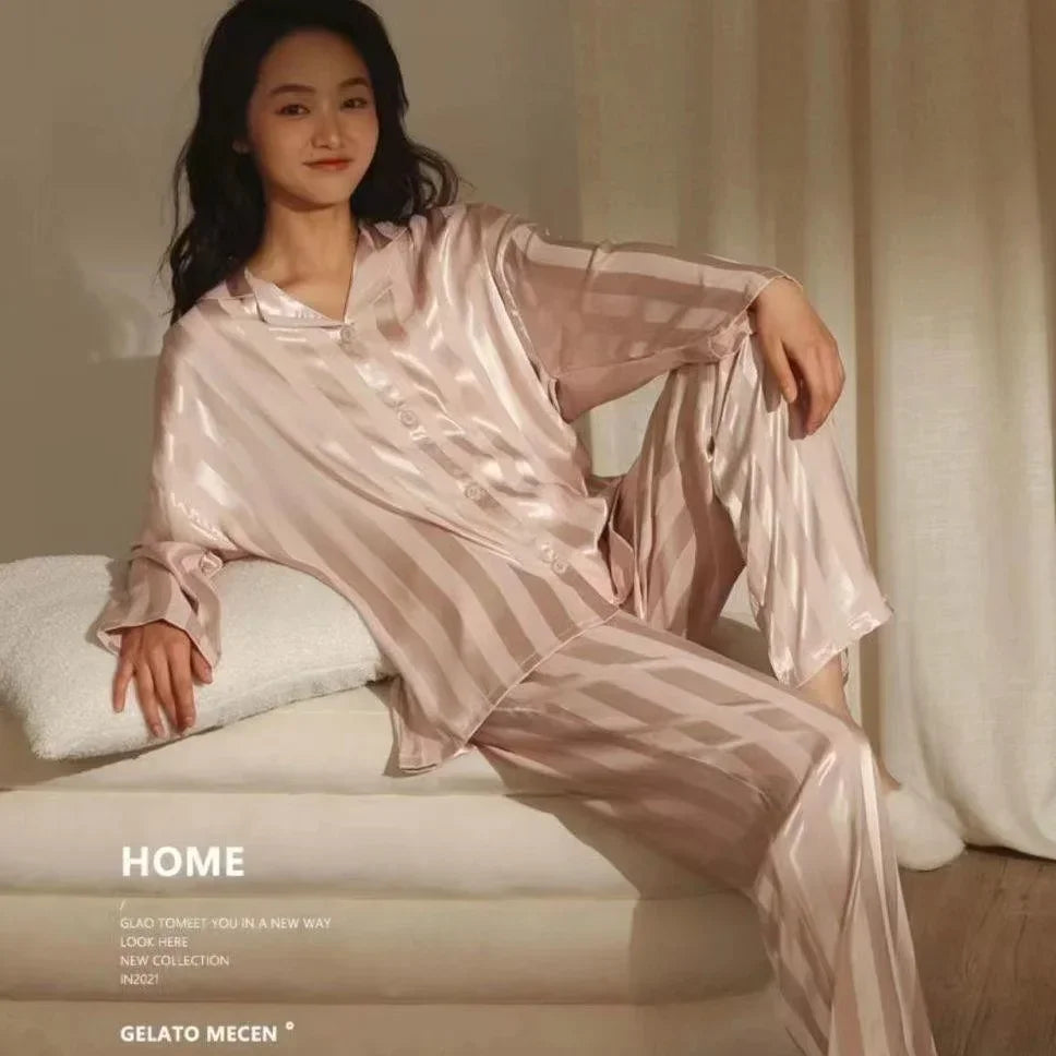 Women's striped pajama set, solid French silk satin pajamas, two piece set, comfortable home pajamas