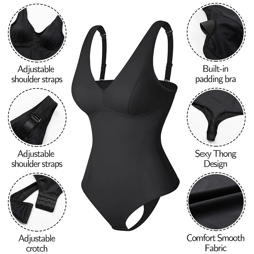 Shapewear Bodysuit Thong Body Shaper for Women Waist Trainer Corset Deep V Neck Slimming Underwear Built-in Bra Camisoles Tops