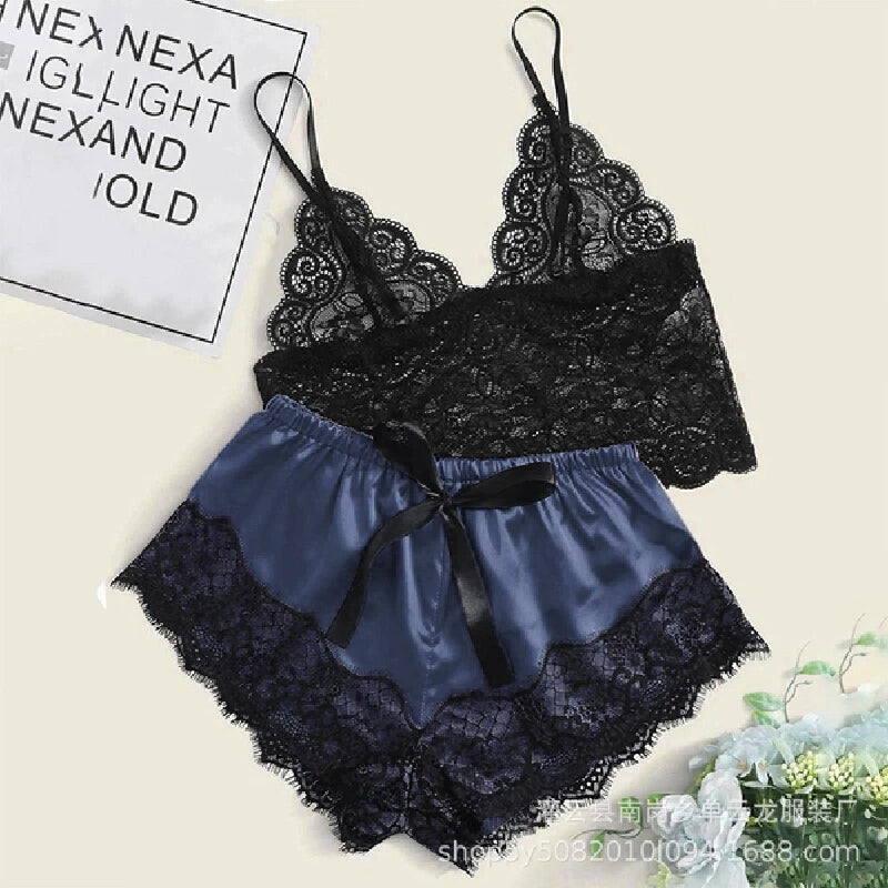 Mengya Women Lace Satin Two Piece Lingerie Set Spaghetti Strap Camisole Silky Lace Trim Shorts Nightwear European American Style