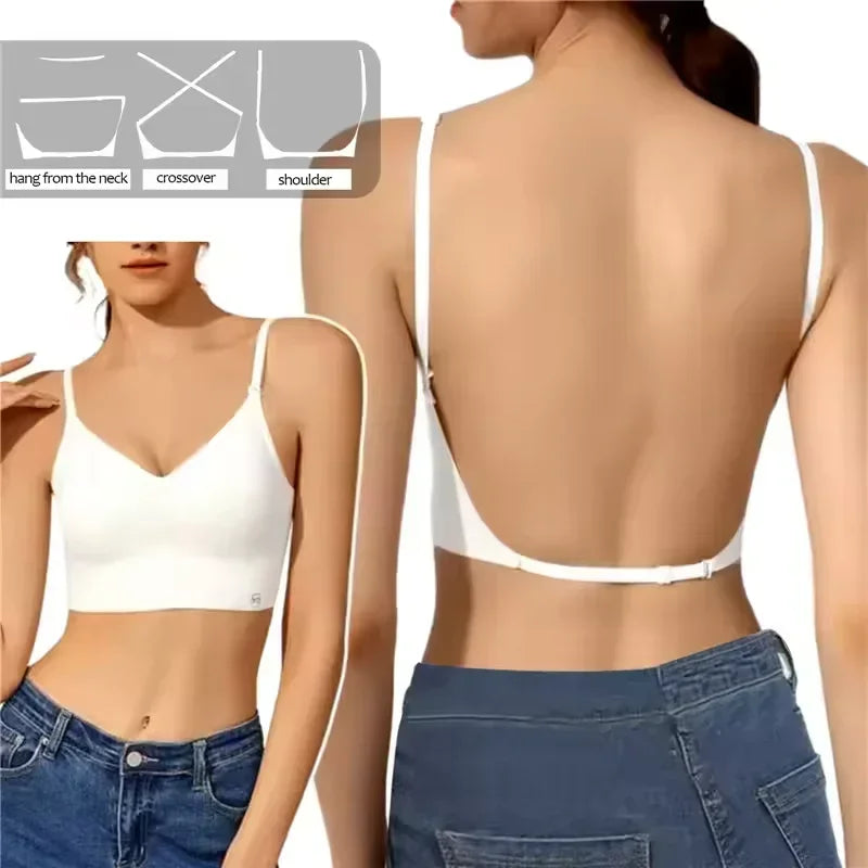 Women Invisible Bra Deep U Plunge Bras Backless Top for Dresses Sexy Lingerie with Transparent Strap Push Up Strapless Underwea