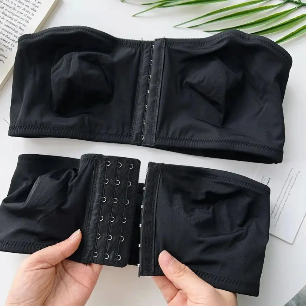 Strapless Front Button Bandeau Invisible Soft Cushion Tube Top Removable Padded No Underwire Wireless Bralette for Women