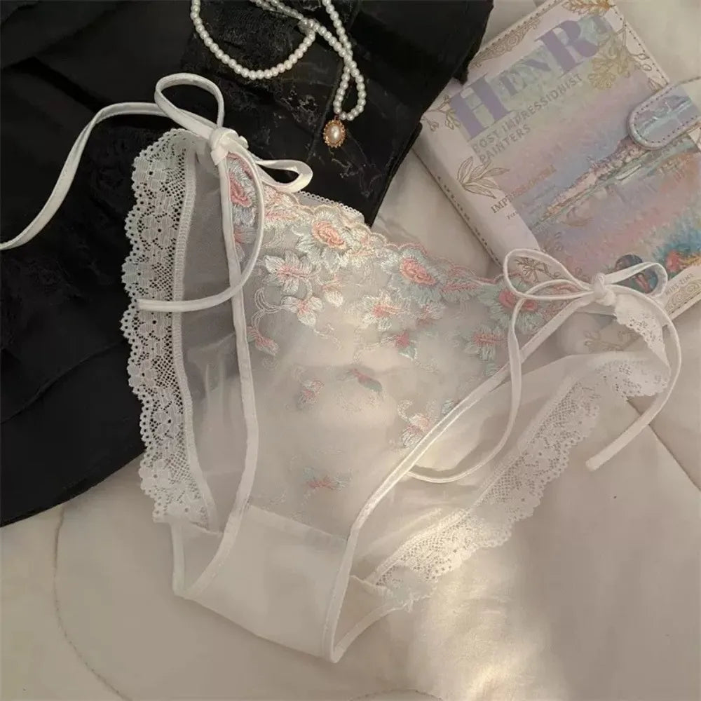 Lingerie Low Waist Embroidery Flower Panties Transparent Sweet Underwear for Women Cotton Crotch Lace-up Underwear Girl