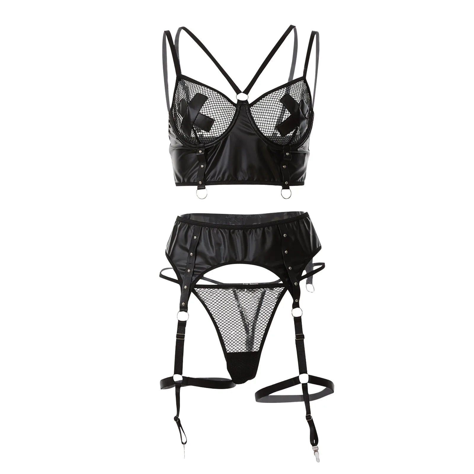 Sexy Leather Lingerie Set Women Bras Short Tops Panties Suit with Garter Belt Catsuit Clubwear Fishnet See Through Bra Thong