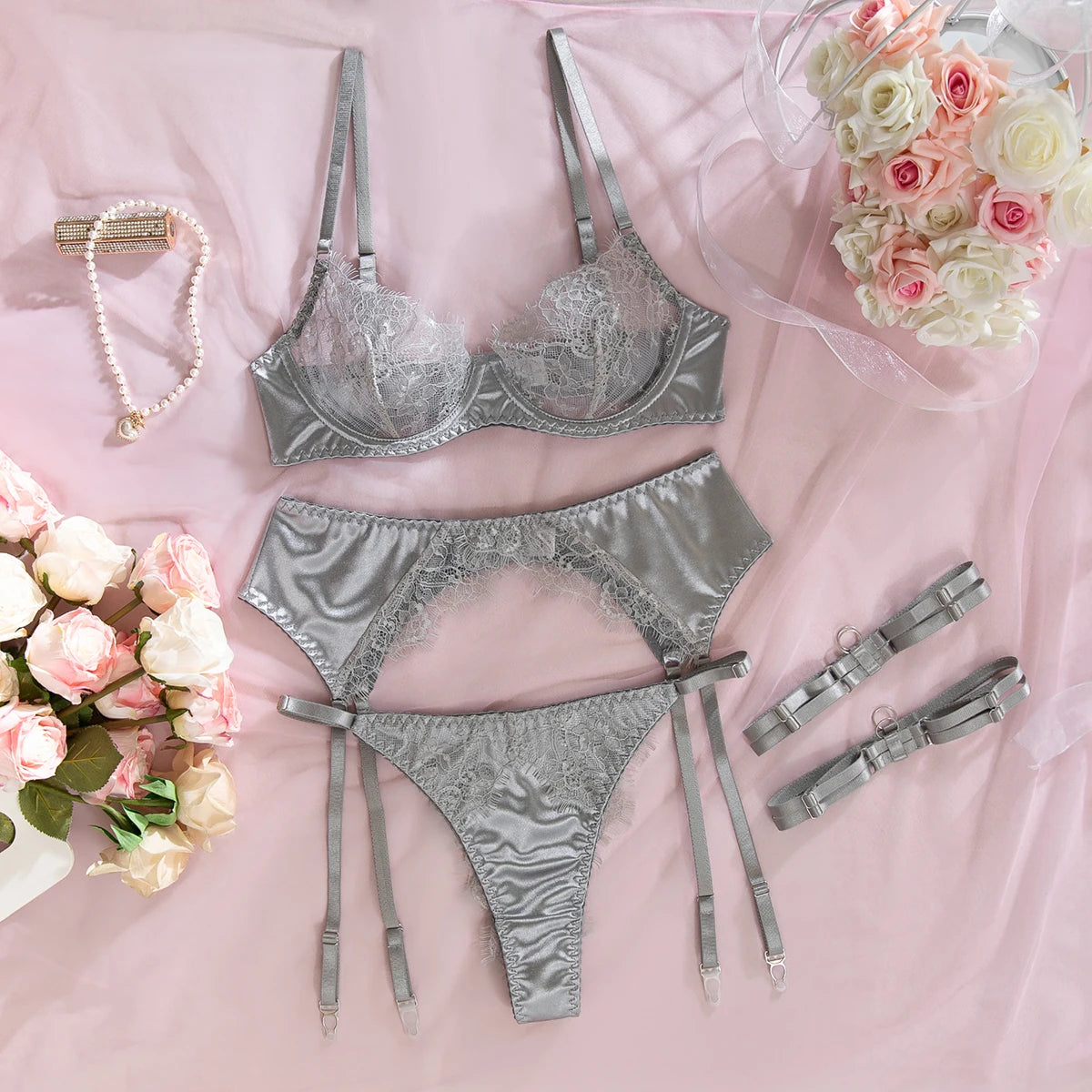 Sexy Lace Lingerie Set with Garter Belt and Leg Strap,   Intimate Wear for Women,  Elegant Bra & Panty Set for Special Occasions
