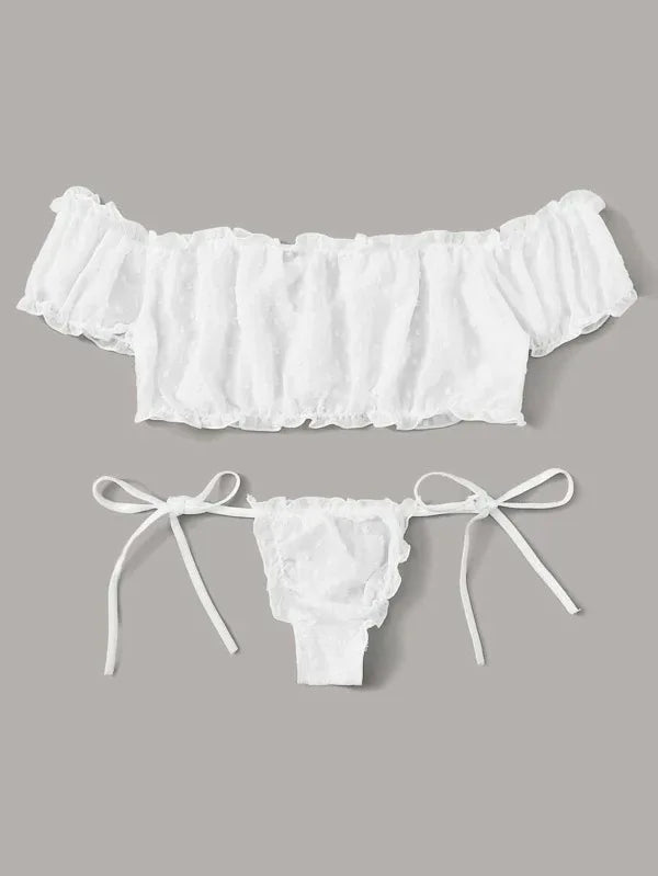 Women's Sexy Lingerie Set Mesh Lace Ruffle Cute Dot Transparent Bra and Panty Wireless Thong Bandage Exotic Sets